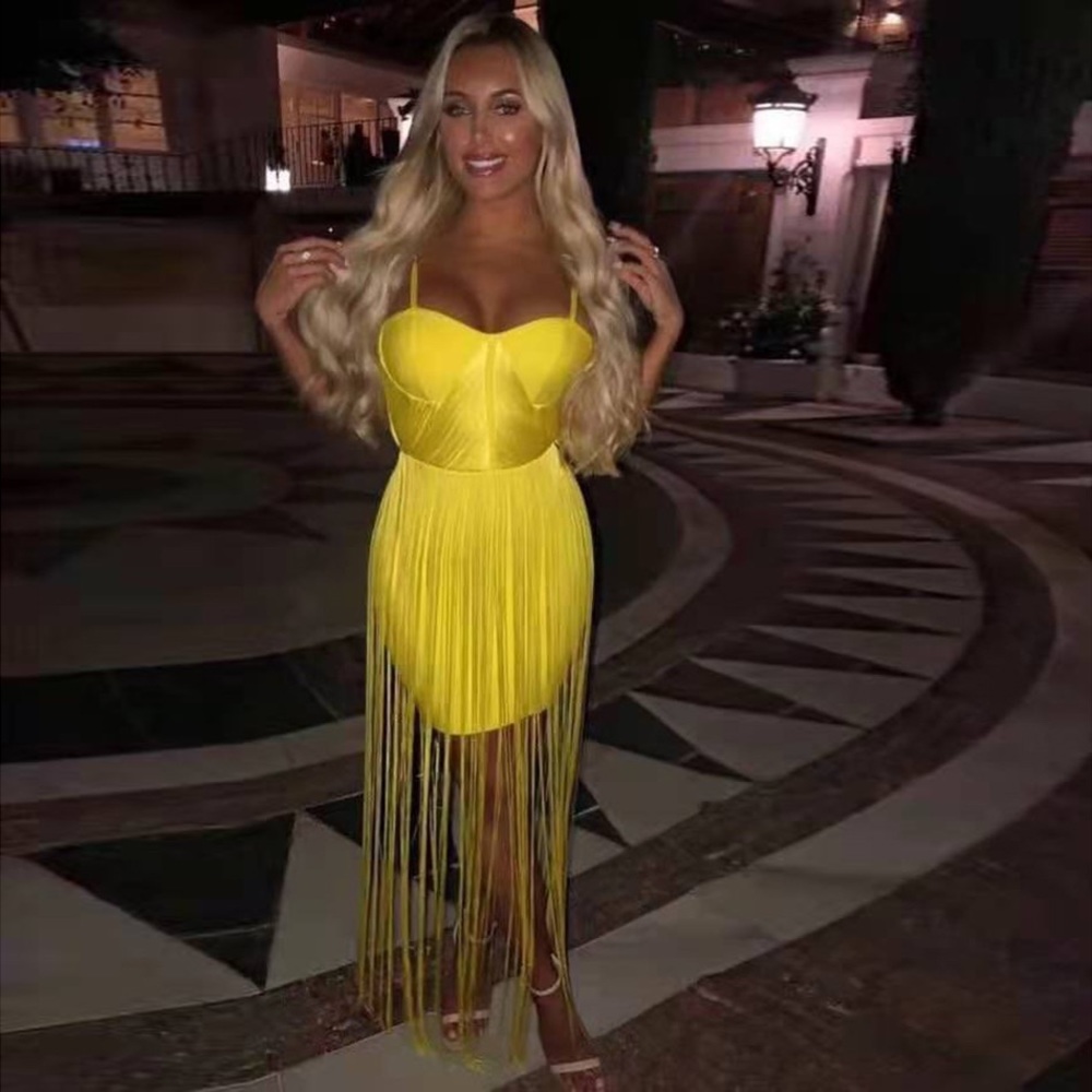 HOUSE OF CB 'Emee' Acid Yellow Satin Fringe Dress - Picture 5 of 17